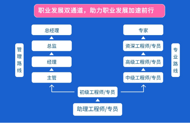 <p>职业发展双通道,助力职业发展加速前行</p><p></p><table><tr><td></td><td>总经理</td><td></td><td>专家</td><td></td></tr><tr><td rowspan="2">管理路线</td><td>总监</td><td></td><td>资深工程师/专员</td><td rowspan="2">专业路线</td></tr><tr><td>经理</td><td></td><td>高级工程师/专员</td></tr><tr><td></td><td>主管</td><td></td><td>中级工程师/专员</td><td></td></tr><tr><td colspan="2"></td><td>初级工程师/专员</td><td colspan="2"></td></tr><tr><td colspan="2"></td><td>助理工程师/专员</td><td colspan="2"></td></tr></table>