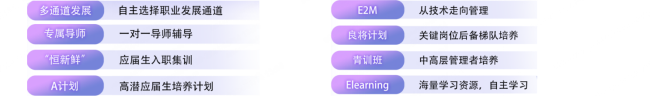 <p>多通道发展<br/>专属导师</p><p>自主选择职业发展通道<br/>一对一导师辅导</p><p>恒新鲜</p><p>A计划</p><p>应届生入职集训</p><p>高潜应届生培养计划</p><p>E2M<br/>良将计划</p><p>青训班<br/>Elearning</p><p>从技术走向管理</p><p>关键岗位后备梯队培养<br/>中高层管理者培养</p><p>海量学习资源，自主学习</p>
